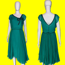 Load image into Gallery viewer, A teal Helen Rose midi dress with a ribbon detail at the collar displayed on a white mannequin from both front and back views.
