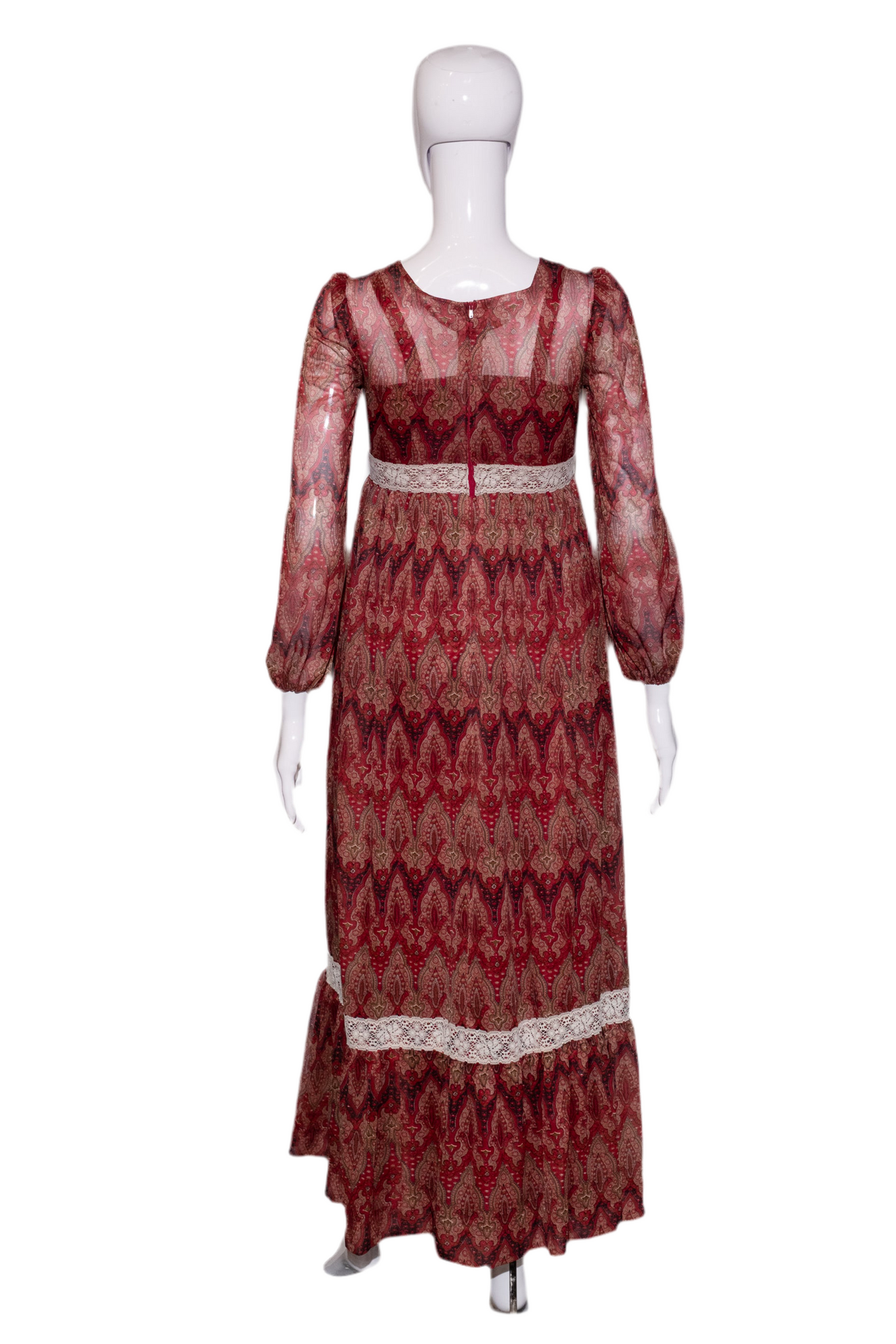 1970's Sheer Maroon and Tan Paisley Prairie Maxi Dress Size S Antique Sugar 1970's Sheer Maroon and Tan Paisley Prairie Maxi Dress Size S Antique Sugar