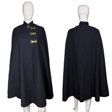 Load image into Gallery viewer, Navy blue cape with gold buckles on a mannequin against a plain background
