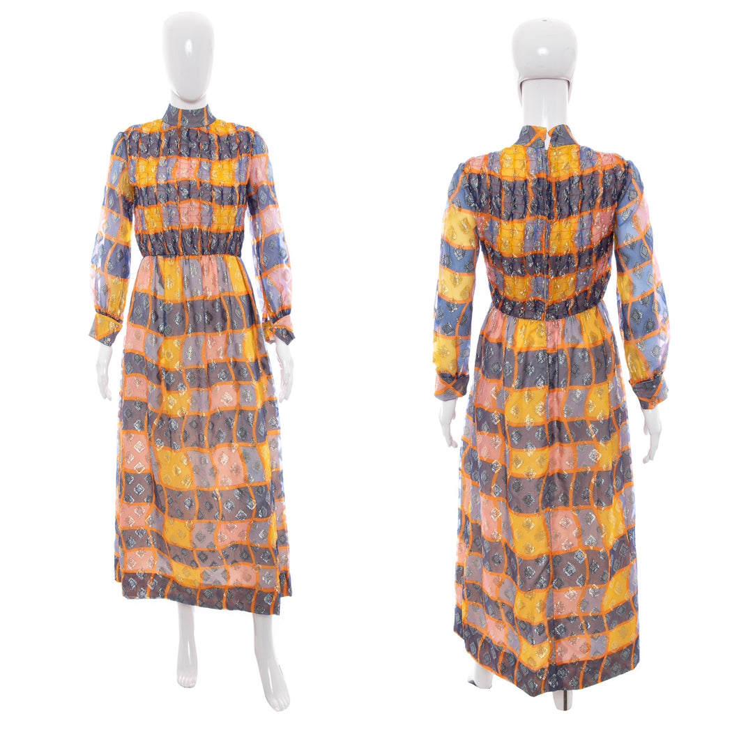 1960's Saks Fifth Avenue Orange and Navy Chiffon Hostess Gown Size S Antique Sugar 1960's Saks Fifth Avenue Orange and Navy Chiffon Hostess Gown Size S Antique Sugar