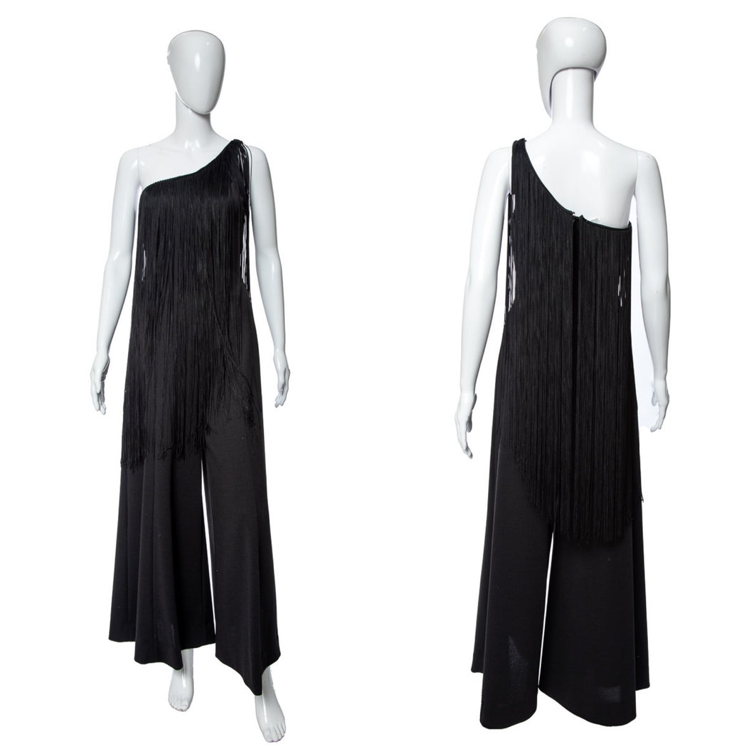 1970's Black One Shoulder Fringe Detail Jumpsuit Size S