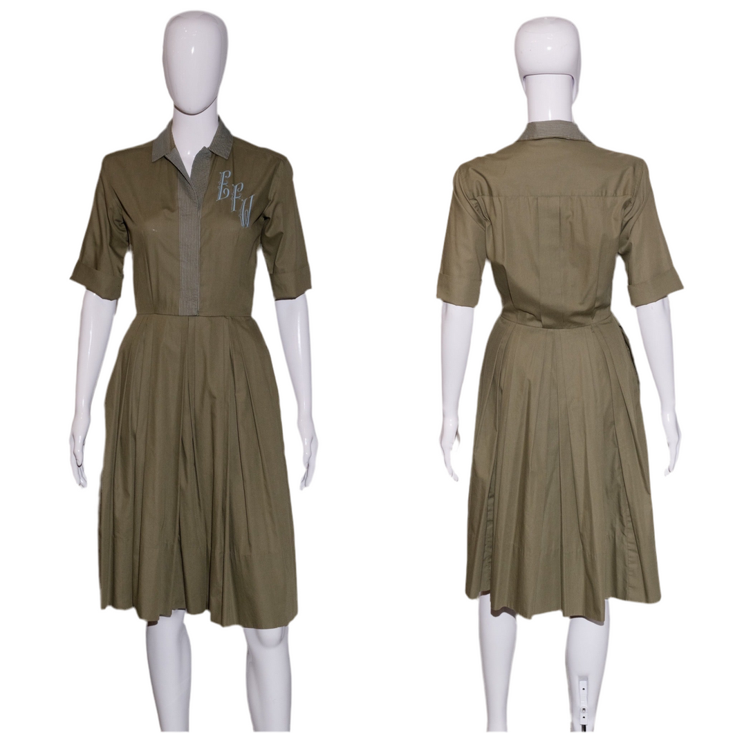 1950's Army Green Cotton Monogrammed EFW Day Dress Size S