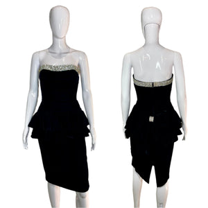 1980's Black Velvet and Rhinestone Lillie Rubin Cocktail Dress Size S