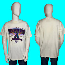 Load image into Gallery viewer, A vintage white short-sleeve t-shirt displayed on a white mannequin, showing both front and back views. The front features a colorful graphic for the 2001 National League Champions with 'Diamondbacks' in stylized logo.
