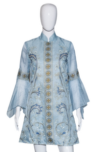 1960's Blue Painted Alfred Shaheen Bell Sleeve Dress - Size S