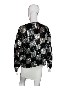 1980's Silver and Black Checkered Sequin Sweater - Size M/L