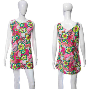 1960's Psychedelic Floral Printed Sleeveless Mini Dress Size M/L