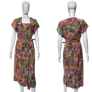 1940's Neon Multicolor Novelty Print Midi Dress Size S