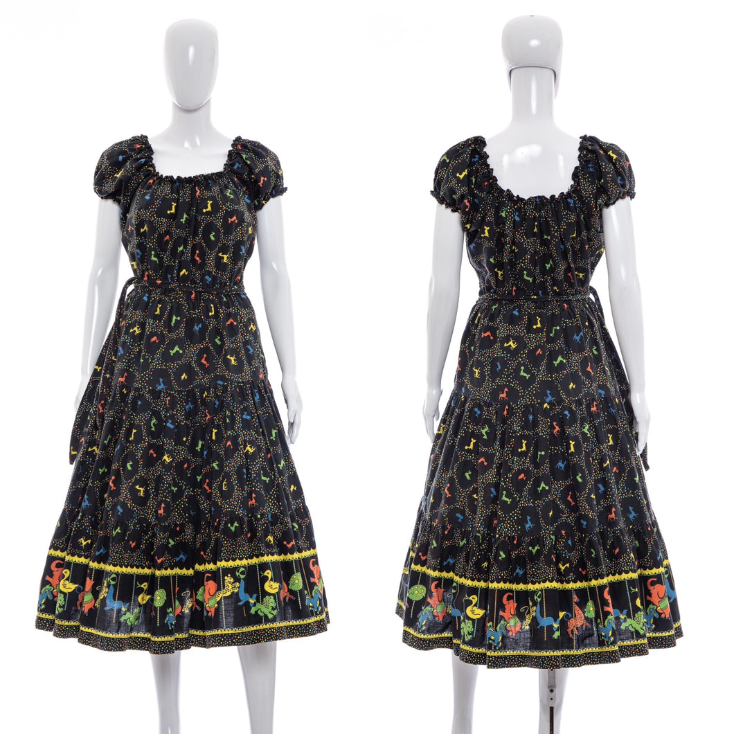 1950's Rare Black and Multicolor Novelty Circus Print Dress Size M/L