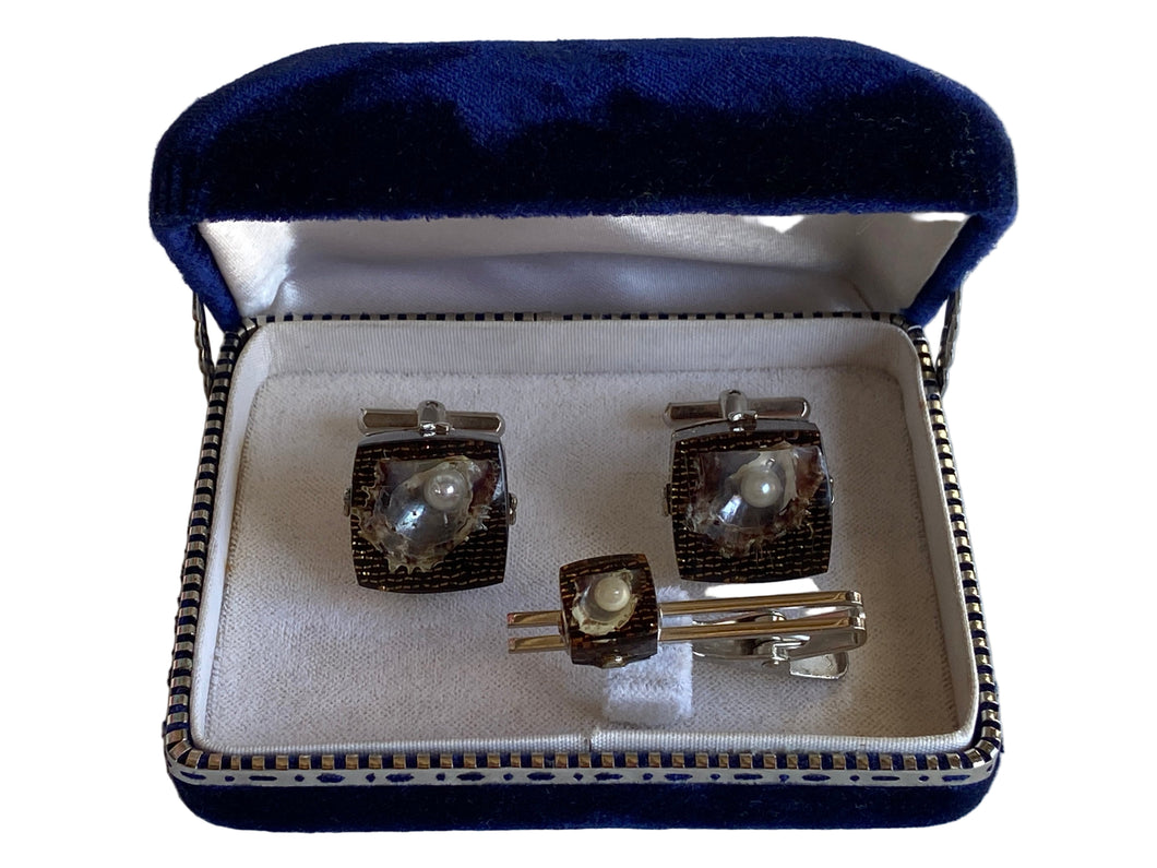 1970's Shell With Pearl In Resin Tie Clip & Cufflink Set