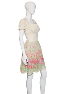 1960's Floral Rayon Jersey Garden Party Dress Size S
