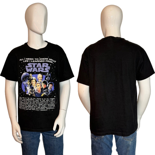 Black t-shirt with Star Wars graphic and text on a mannequin, shown from front and back.