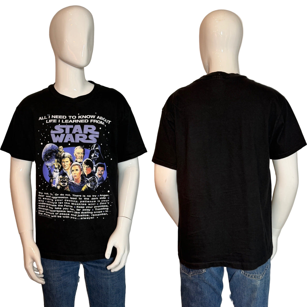 Black t-shirt with Star Wars graphic and text on a mannequin, shown from front and back.