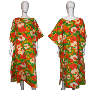 Colorful floral dress on a mannequin against a plain background