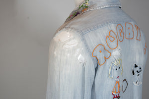 1970's Thrashed Custom Embroidered Chambray Shirt  Size S/M