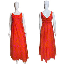 Load image into Gallery viewer, Pink and orange chiffon dress on a mannequin against a white background.
