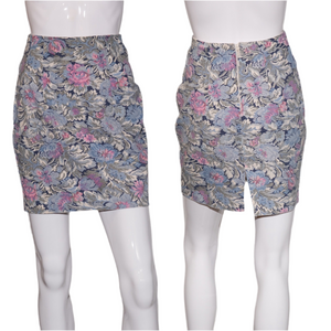 1980's Pink and Blue Floral Tapestry Mini Skirt Size S