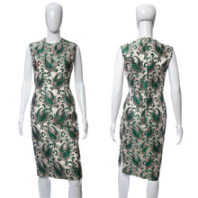 Load image into Gallery viewer, 1950&#39;s Jay Herbert Green, Silver, and Gold Metallic Lurex Brocade Sleeveless Cocktail Dress Size M
