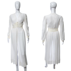 1940's White Semi-Sheer Long Sleeve Lace Detail Night Gown Size S