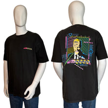 Load image into Gallery viewer, Black t-shirt with colorful graphics on a mannequin, showing front and back views.
