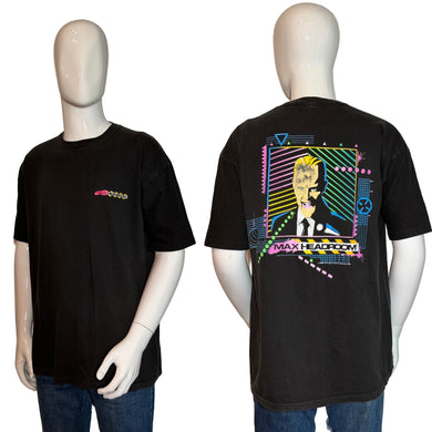 Black t-shirt with colorful graphics on a mannequin, showing front and back views.