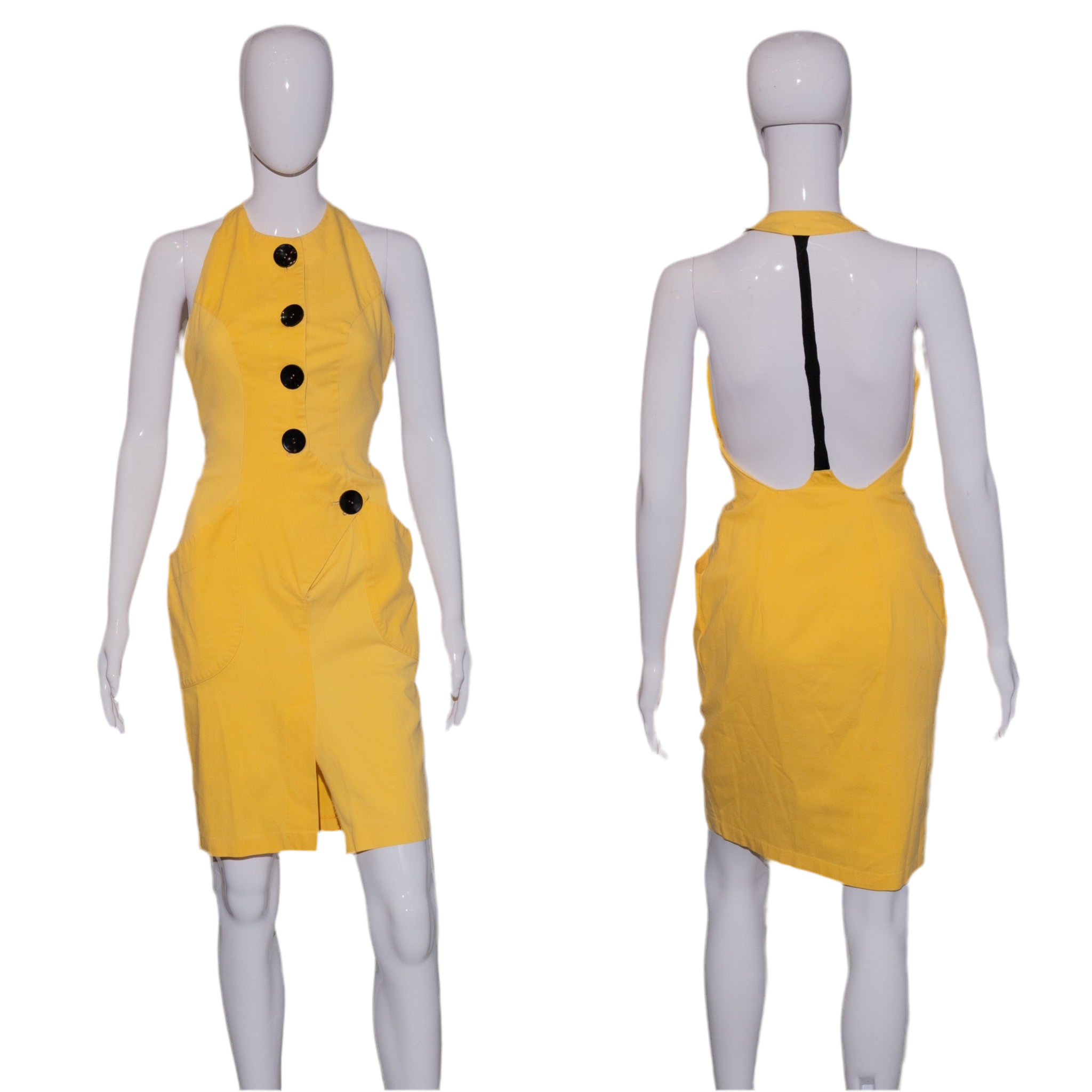 white christmas dresses 1980's Yellow and Black Wrap Halter Contempo Casuals Dress