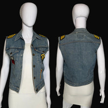 Load image into Gallery viewer, A sleeveless denim vest displayed on a white mannequin, shown from both front and back views.
