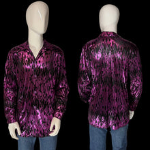 Load image into Gallery viewer, 1990s black long sleeve metallic button up with purple flames shown on a white mannequin with front and back views. 
