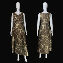 Load image into Gallery viewer, A sleeveless dress with a metallic brown and beige floral damask pattern, shown on a white mannequin from both the front and back views.
