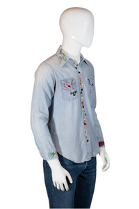 1970's Thrashed Custom Embroidered Chambray Shirt  Size S/M