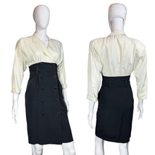 Load image into Gallery viewer, Mannequin wearing a cream blouse and black skirt from different angles on a plain background

