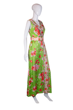 Load image into Gallery viewer, 1970&#39;s Green and Pink Wrap Style Floral Maxi Dress Size S/M
