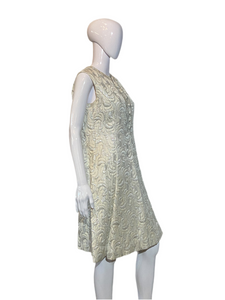 1960's Silver and White Mink Trimmed Brocade Dress/Coat Combo - Size L