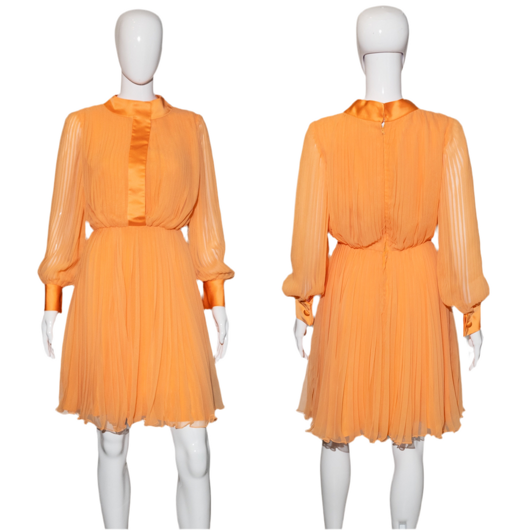 1960's Pleated Orange Chiffon Party Dress Size S