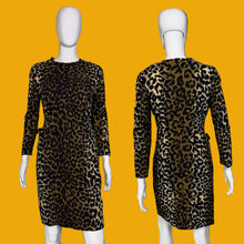 Load image into Gallery viewer, A leopard print long-sleeve dress displayed on a white mannequin, showing both front and back views.

