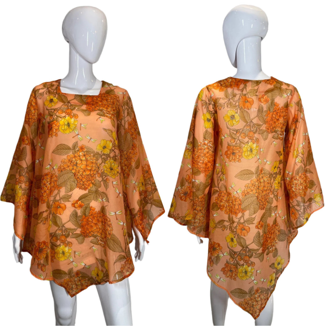 1970's Sheer Orange Floral Mini  Dress Size S/M