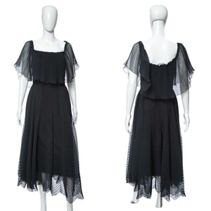 1980's Roland Klein Black Pleated Chiffon Dress Size S