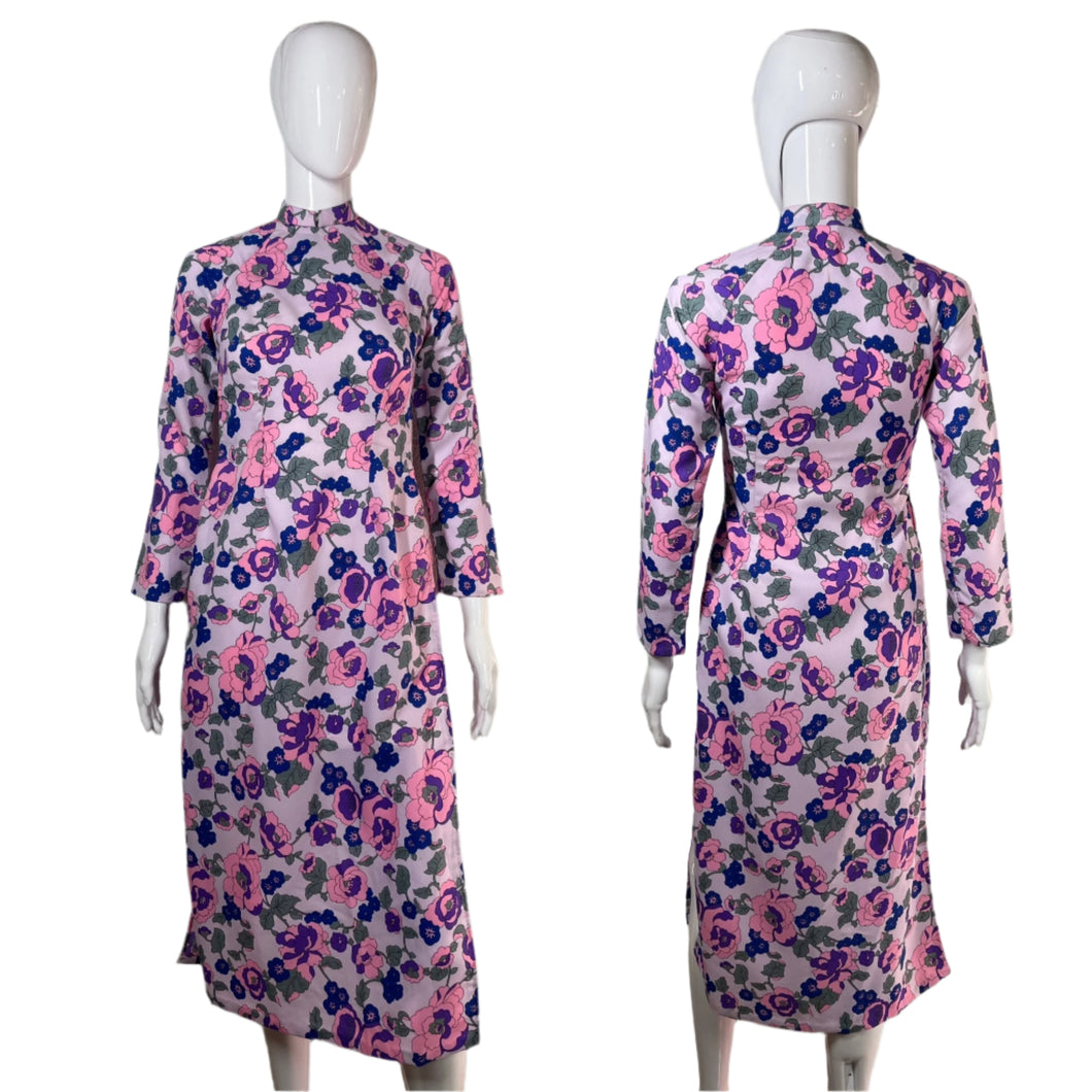 1960's lavender Floral Cheongsam Dress Size S