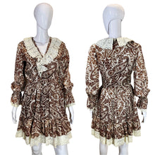 Load image into Gallery viewer, 1970&#39;s Brown and White Paisley Ruffle Mini Dress Size S/M
