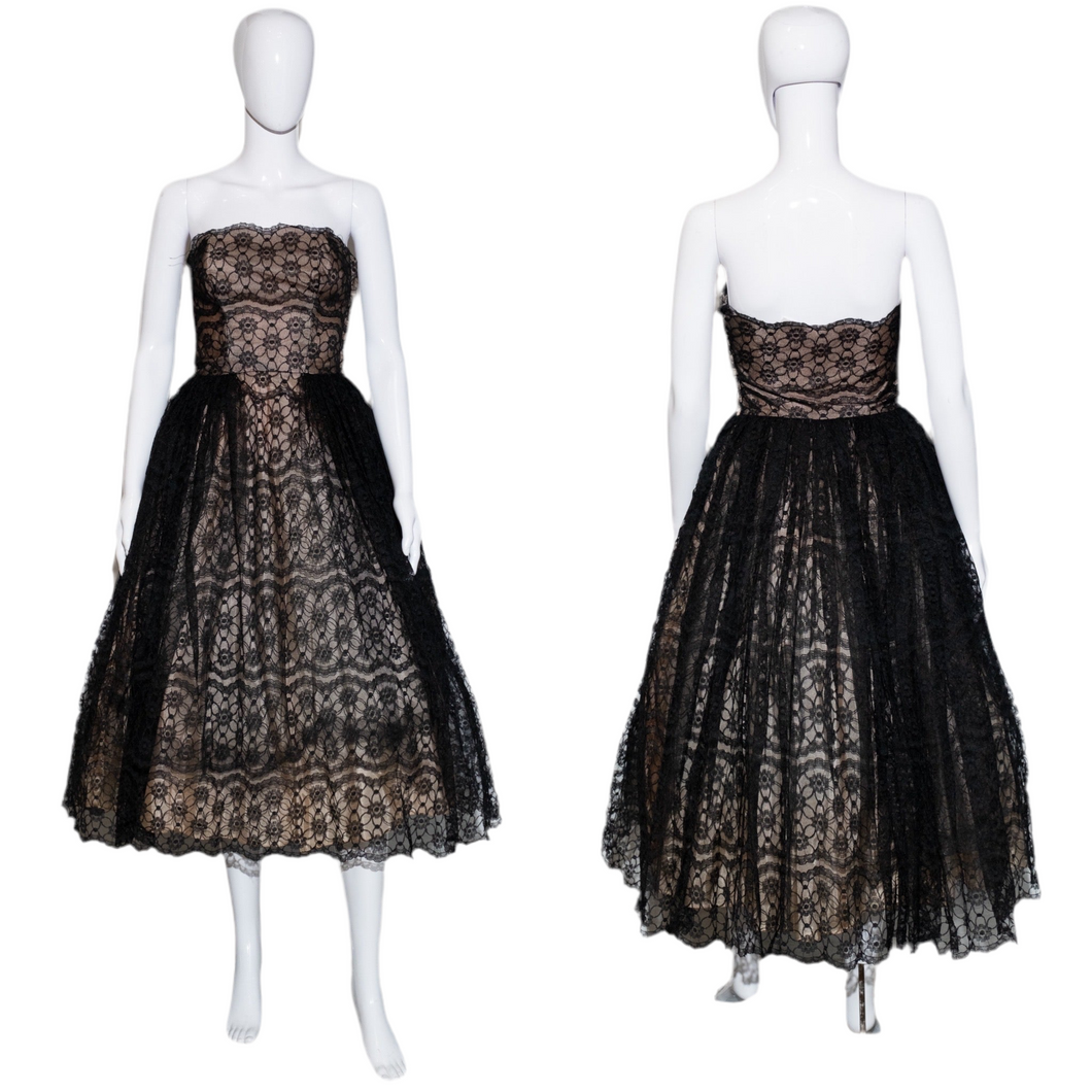 1950's Black Lace Strapless Cupcake Party Dress - Size XS