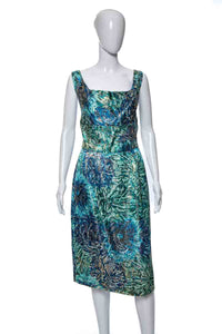 1950's Rare Alfred Shaheen Blue & Gold Starry Night Cocktail Dress Size M