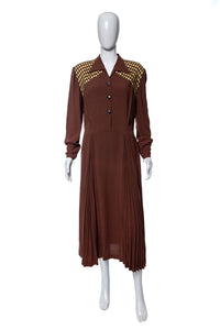 1940's Brown Harlequin Detail Day Dress Size L