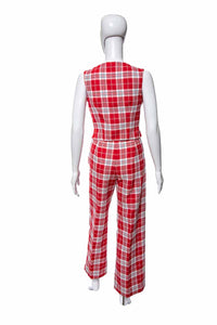 1970's Red and White Plaid Three Piece Suit Size S