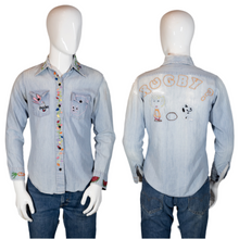 Load image into Gallery viewer, 1970&#39;s Thrashed Custom Embroidered Chambray Shirt  Size S/M
