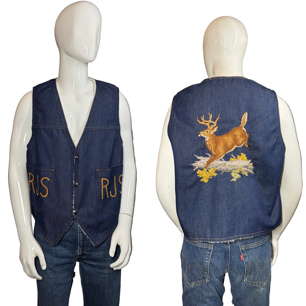 1970's Needlepoint Buck Denim Vest - Size XL