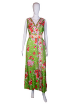Load image into Gallery viewer, 1970&#39;s Green and Pink Wrap Style Floral Maxi Dress Size S/M

