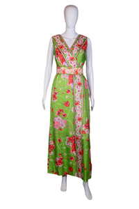 1970's Green and Pink Wrap Style Floral Maxi Dress Size S/M