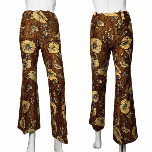 Brown floral-patterned pants on a mannequin against a white background