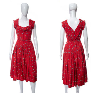1950's Floral Printed Taffeta Midi Dress Size M