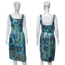 Load image into Gallery viewer, 1950&#39;s Rare Alfred Shaheen Blue &amp; Gold Starry Night Cocktail Dress Size M
